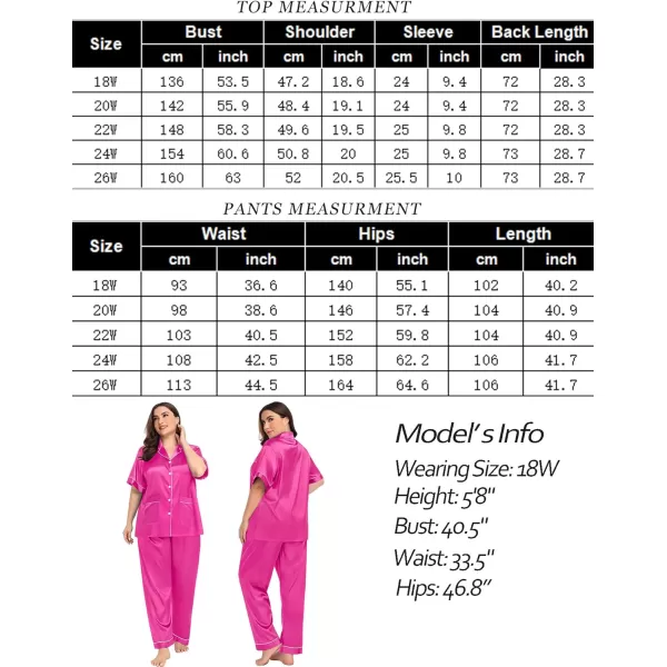 SWOMOG Womens Plus Size Pajamas Silk Satin Pajama Set Short Sleeve Shirt with FullLength Pants Pjs Sleepwear Set 18W26WTwo Pocketsrosy