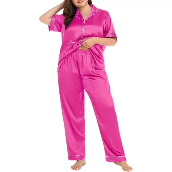 SWOMOG Womens Plus Size Pajamas Silk Satin Pajama Set Short Sleeve Shirt with FullLength Pants Pjs Sleepwear Set 18W26WTwo Pocketsrosy