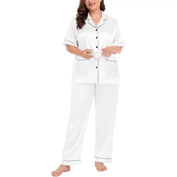 SWOMOG Womens Plus Size Pajamas Silk Satin Pajama Set Short Sleeve Shirt with FullLength Pants Pjs Sleepwear Set 18W26WTwo Pocketssnowwhite