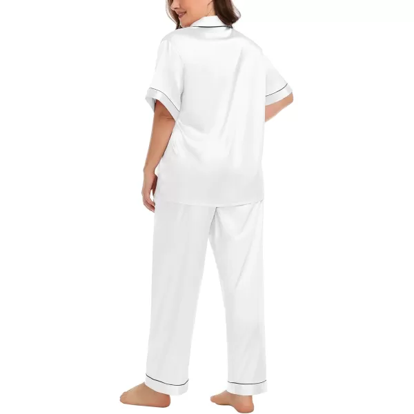 SWOMOG Womens Plus Size Pajamas Silk Satin Pajama Set Short Sleeve Shirt with FullLength Pants Pjs Sleepwear Set 18W26WTwo Pocketssnowwhite