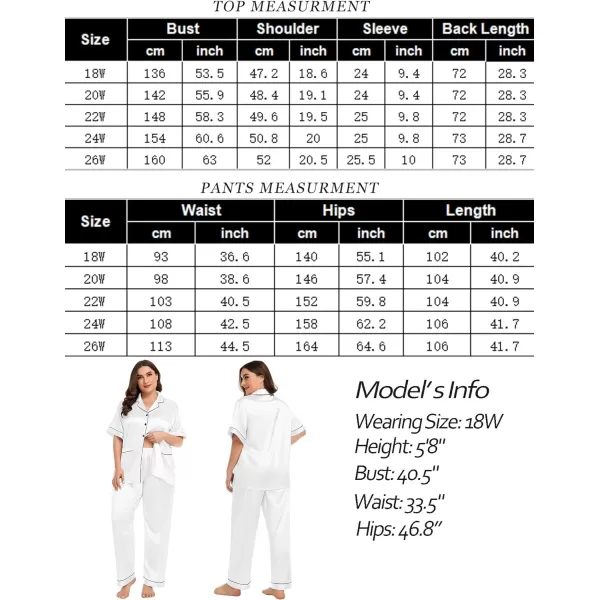 SWOMOG Womens Plus Size Pajamas Silk Satin Pajama Set Short Sleeve Shirt with FullLength Pants Pjs Sleepwear Set 18W26WTwo Pocketssnowwhite