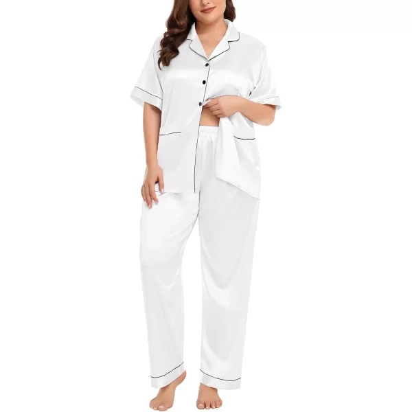 SWOMOG Womens Plus Size Pajamas Silk Satin Pajama Set Short Sleeve Shirt with FullLength Pants Pjs Sleepwear Set 18W26WTwo Pocketssnowwhite