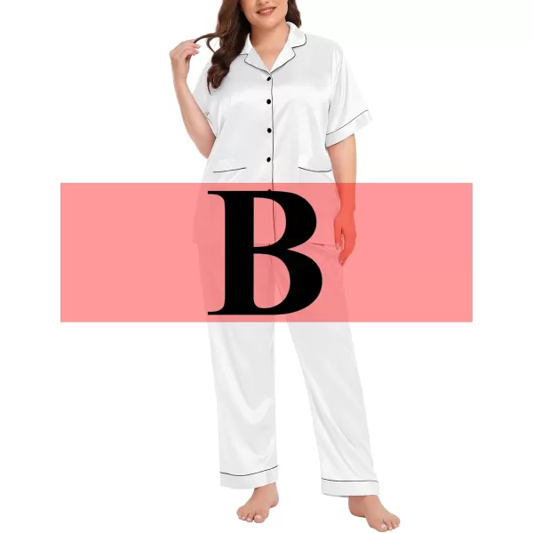 SWOMOG Womens Plus Size Pajamas Silk Satin Pajama Set Short Sleeve Shirt with FullLength Pants Pjs Sleepwear Set 18W26WTwo Pocketssnowwhite