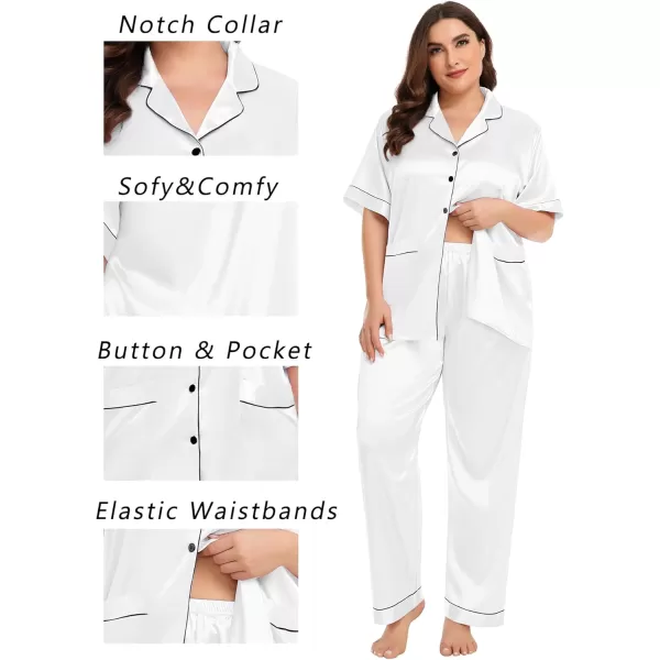 SWOMOG Womens Plus Size Pajamas Silk Satin Pajama Set Short Sleeve Shirt with FullLength Pants Pjs Sleepwear Set 18W26WTwo Pocketssnowwhite