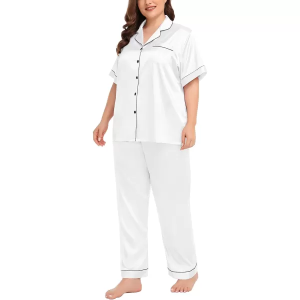 SWOMOG Womens Plus Size Pajamas Silk Satin Pajama Set Short Sleeve Shirt with FullLength Pants Pjs Sleepwear Set 18W26WWhite