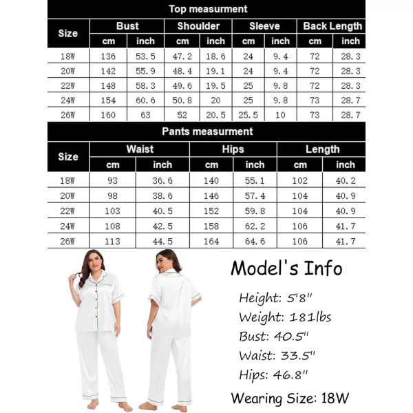 SWOMOG Womens Plus Size Pajamas Silk Satin Pajama Set Short Sleeve Shirt with FullLength Pants Pjs Sleepwear Set 18W26WWhite