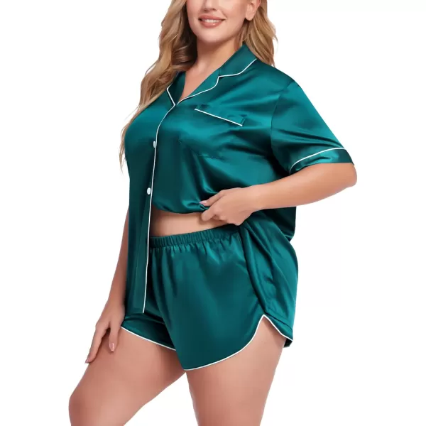 SWOMOG Womens Plus Size Satin Pajama Set Short Sleeve 2 piece Pj Sets Sleepwear Silk Button Down Loungewear Pjs Shorts SetGreen