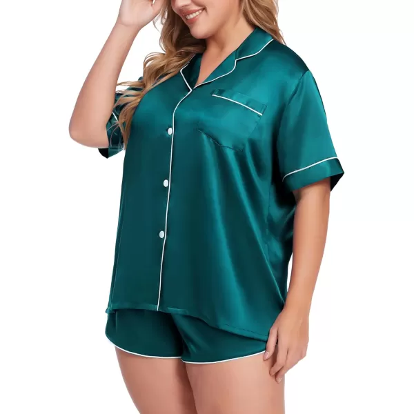 SWOMOG Womens Plus Size Satin Pajama Set Short Sleeve 2 piece Pj Sets Sleepwear Silk Button Down Loungewear Pjs Shorts SetGreen