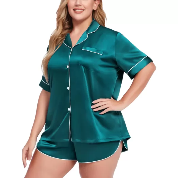 SWOMOG Womens Plus Size Satin Pajama Set Short Sleeve 2 piece Pj Sets Sleepwear Silk Button Down Loungewear Pjs Shorts SetGreen