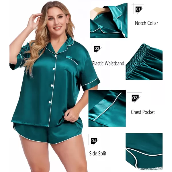 SWOMOG Womens Plus Size Satin Pajama Set Short Sleeve 2 piece Pj Sets Sleepwear Silk Button Down Loungewear Pjs Shorts SetGreen