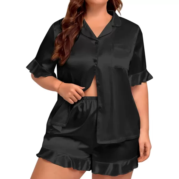 SWOMOG Womens Satin Plus Size Pajamas Silk Short Sleeve Pjs Sets Ruffle Shorts 2 Piece Loose Outfit Sleepwear with PocketBlack