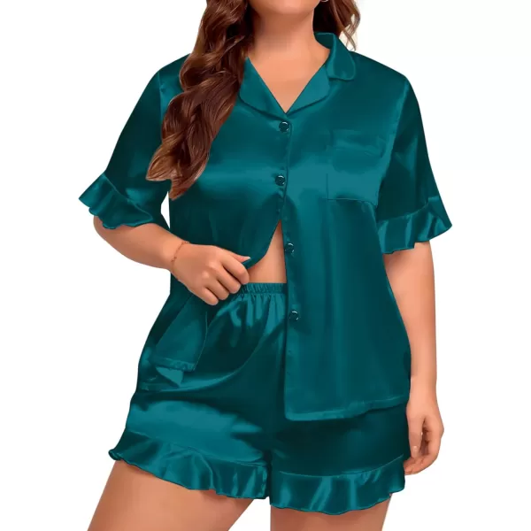 SWOMOG Womens Satin Plus Size Pajamas Silk Short Sleeve Pjs Sets Ruffle Shorts 2 Piece Loose Outfit Sleepwear with PocketDeep Green