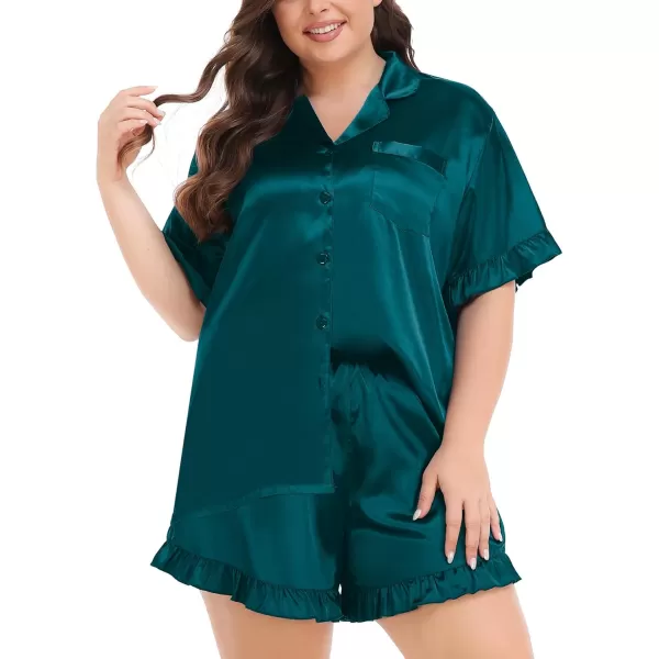 SWOMOG Womens Satin Plus Size Pajamas Silk Short Sleeve Pjs Sets Ruffle Shorts 2 Piece Loose Outfit Sleepwear with PocketDeep Green