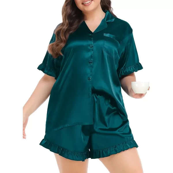 SWOMOG Womens Satin Plus Size Pajamas Silk Short Sleeve Pjs Sets Ruffle Shorts 2 Piece Loose Outfit Sleepwear with PocketDeep Green