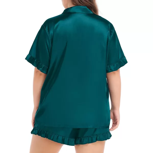 SWOMOG Womens Satin Plus Size Pajamas Silk Short Sleeve Pjs Sets Ruffle Shorts 2 Piece Loose Outfit Sleepwear with PocketDeep Green