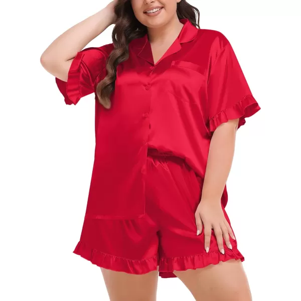 SWOMOG Womens Satin Plus Size Pajamas Silk Short Sleeve Pjs Sets Ruffle Shorts 2 Piece Loose Outfit Sleepwear with PocketDeepred