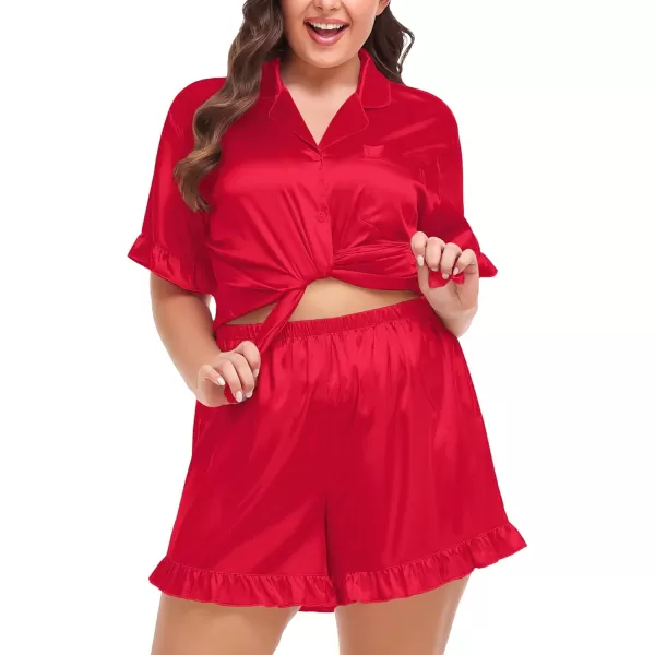 SWOMOG Womens Satin Plus Size Pajamas Silk Short Sleeve Pjs Sets Ruffle Shorts 2 Piece Loose Outfit Sleepwear with PocketDeepred