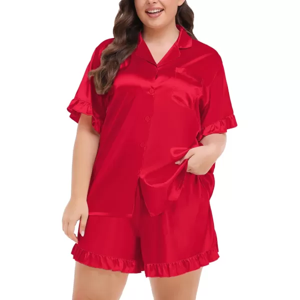 SWOMOG Womens Satin Plus Size Pajamas Silk Short Sleeve Pjs Sets Ruffle Shorts 2 Piece Loose Outfit Sleepwear with PocketDeepred