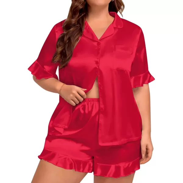 SWOMOG Womens Satin Plus Size Pajamas Silk Short Sleeve Pjs Sets Ruffle Shorts 2 Piece Loose Outfit Sleepwear with PocketDeepred