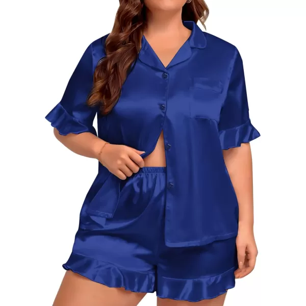 SWOMOG Womens Satin Plus Size Pajamas Silk Short Sleeve Pjs Sets Ruffle Shorts 2 Piece Loose Outfit Sleepwear with PocketNavy Blue