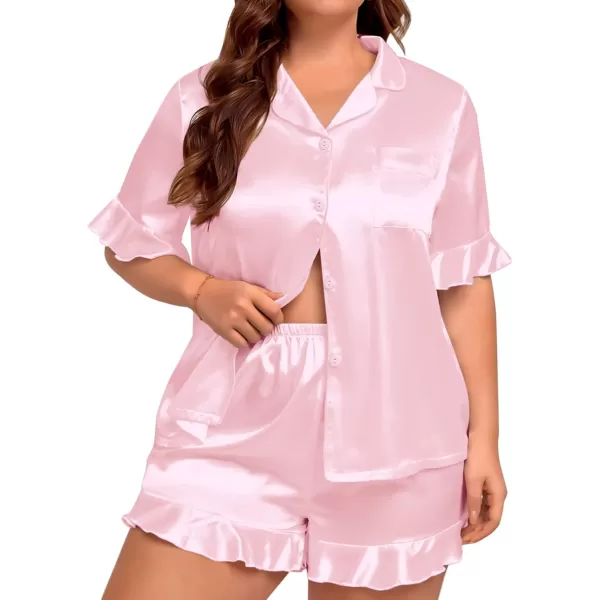 SWOMOG Womens Satin Plus Size Pajamas Silk Short Sleeve Pjs Sets Ruffle Shorts 2 Piece Loose Outfit Sleepwear with PocketPink