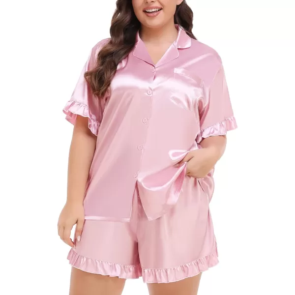 SWOMOG Womens Satin Plus Size Pajamas Silk Short Sleeve Pjs Sets Ruffle Shorts 2 Piece Loose Outfit Sleepwear with PocketPink