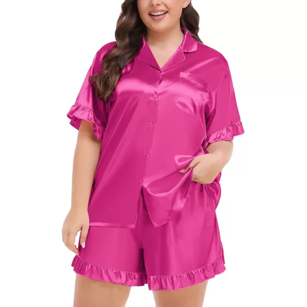 SWOMOG Womens Satin Plus Size Pajamas Silk Short Sleeve Pjs Sets Ruffle Shorts 2 Piece Loose Outfit Sleepwear with PocketRose Red