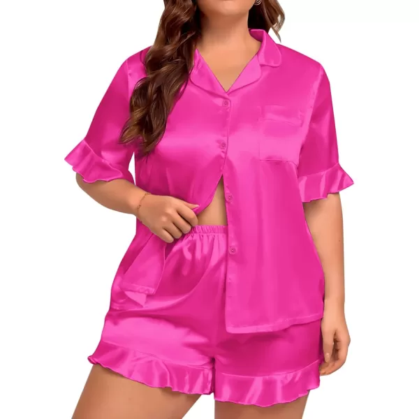 SWOMOG Womens Satin Plus Size Pajamas Silk Short Sleeve Pjs Sets Ruffle Shorts 2 Piece Loose Outfit Sleepwear with PocketRose Red