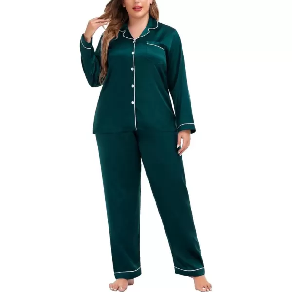 SWOMOG Plus Size Pajama Set for Women Silk Satin Pajamas Long Sleeve Sleepwear Button Down PJs Soft Pj Set with Chest PocketDark Green