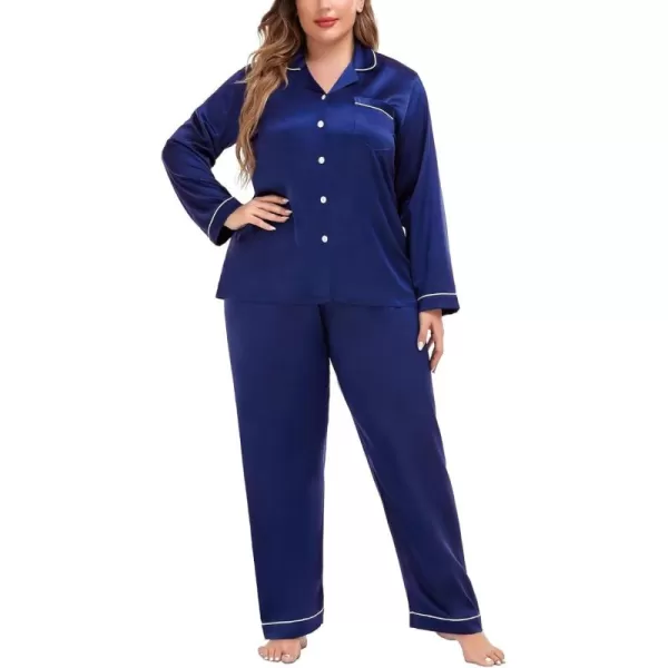 SWOMOG Plus Size Pajama Set for Women Silk Satin Pajamas Long Sleeve Sleepwear Button Down PJs Soft Pj Set with Chest PocketPippingberry Blue