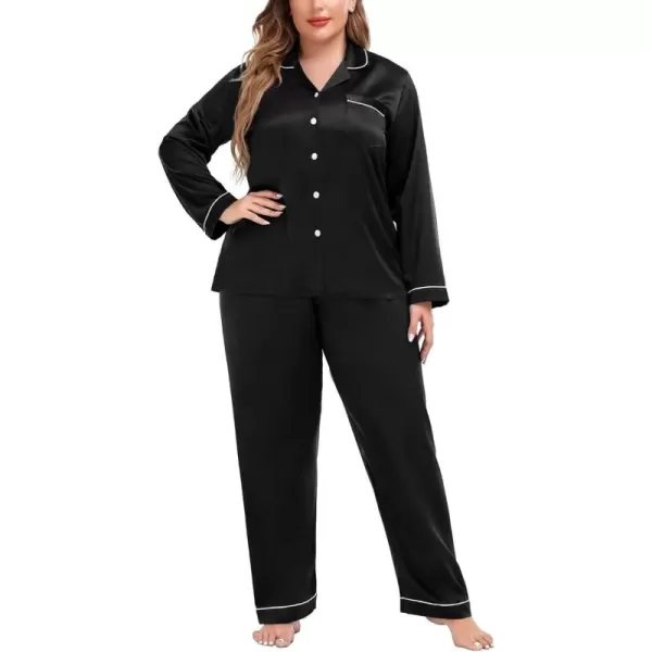 SWOMOG Plus Size Pajama Set for Women Silk Satin Pajamas Long Sleeve Sleepwear Button Down PJs Soft Pj Set with Chest PocketPippingcarbon Black