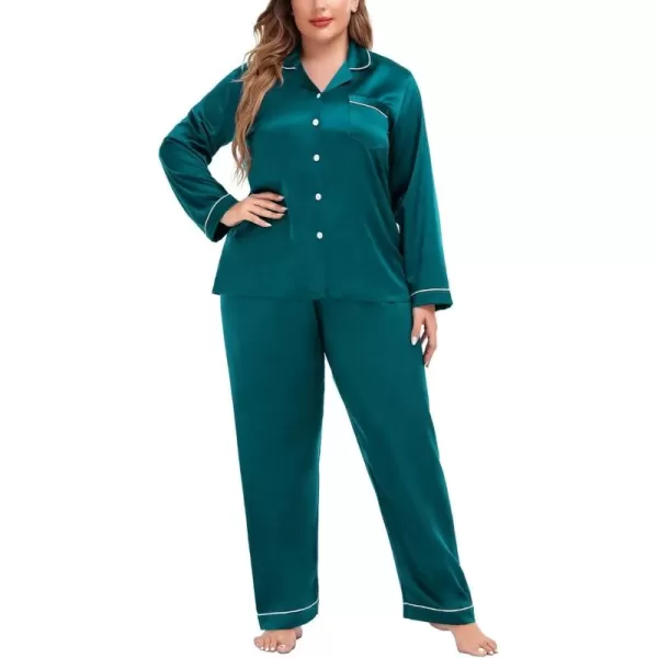 SWOMOG Plus Size Pajama Set for Women Silk Satin Pajamas Long Sleeve Sleepwear Button Down PJs Soft Pj Set with Chest PocketPippingdeep Green