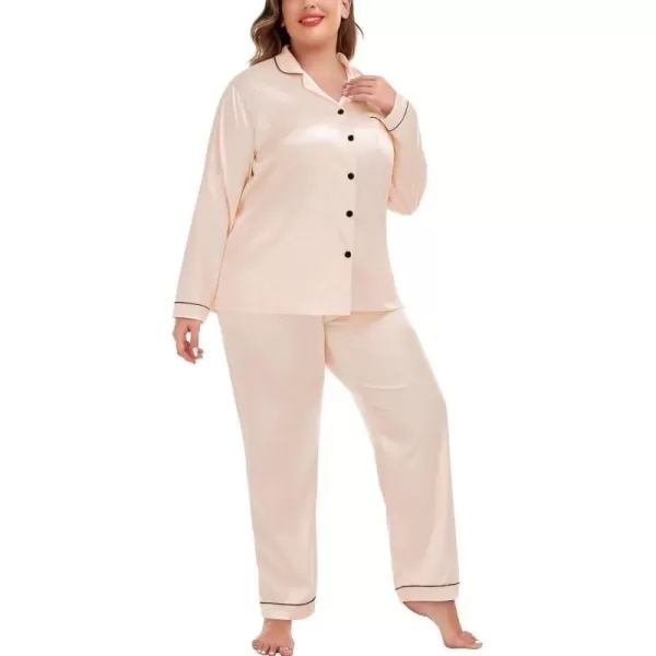 SWOMOG Plus Size Pajama Set for Women Silk Satin Pajamas Long Sleeve Sleepwear Button Down PJs Soft Pj Set with Chest PocketPippinglight Gold