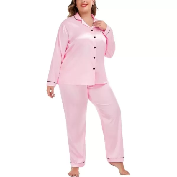 SWOMOG Plus Size Pajama Set for Women Silk Satin Pajamas Long Sleeve Sleepwear Button Down PJs Soft Pj Set with Chest PocketPippinglight Pink