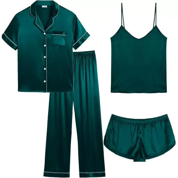 SWOMOG Women Plus Size Pajama Set 4pcs Silk Satin Sleepwear Button Down Pjs Cami Shorts Set Loose Loungewear 16W26WDark Green