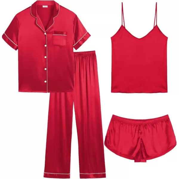 SWOMOG Women Plus Size Pajama Set 4pcs Silk Satin Sleepwear Button Down Pjs Cami Shorts Set Loose Loungewear 16W26WDeep Red