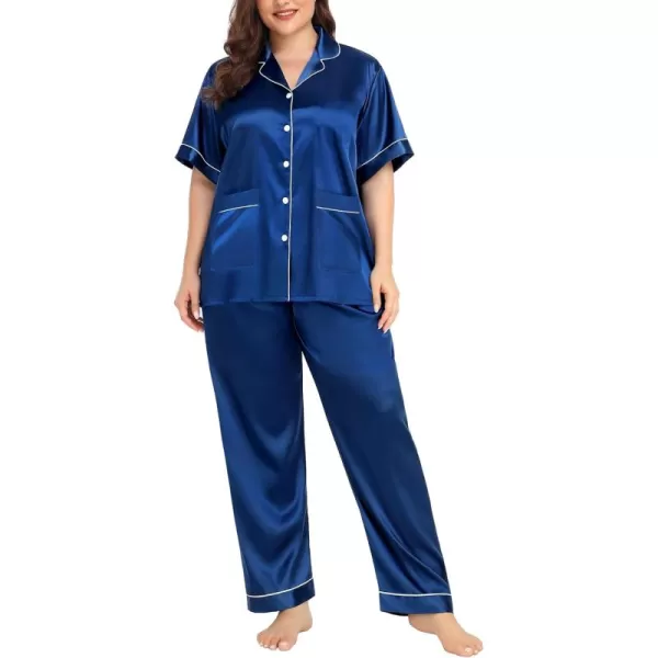 SWOMOG Womens Plus Size Pajamas Silk Satin Pajama Set Short Sleeve Shirt with FullLength Pants Pjs Sleepwear Set 18W26WTwo Pocketsberry Blue