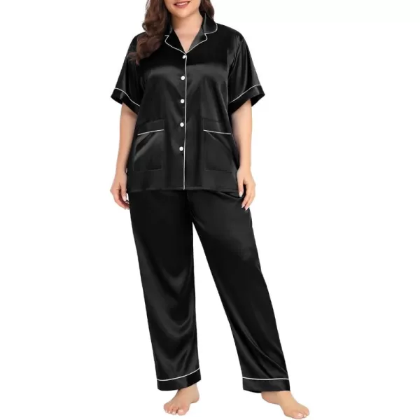 SWOMOG Womens Plus Size Pajamas Silk Satin Pajama Set Short Sleeve Shirt with FullLength Pants Pjs Sleepwear Set 18W26WTwo Pocketscarbon Black