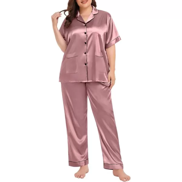 SWOMOG Womens Plus Size Pajamas Silk Satin Pajama Set Short Sleeve Shirt with FullLength Pants Pjs Sleepwear Set 18W26WTwo Pocketsdusty Rose