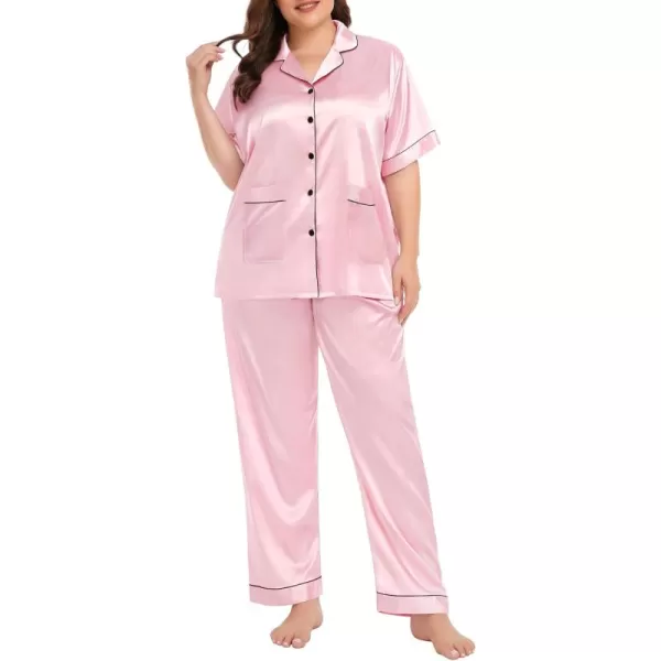 SWOMOG Womens Plus Size Pajamas Silk Satin Pajama Set Short Sleeve Shirt with FullLength Pants Pjs Sleepwear Set 18W26WTwo Pocketslight Pink