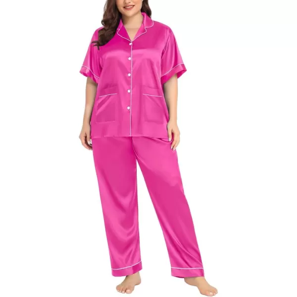 SWOMOG Womens Plus Size Pajamas Silk Satin Pajama Set Short Sleeve Shirt with FullLength Pants Pjs Sleepwear Set 18W26WTwo Pocketsrosy