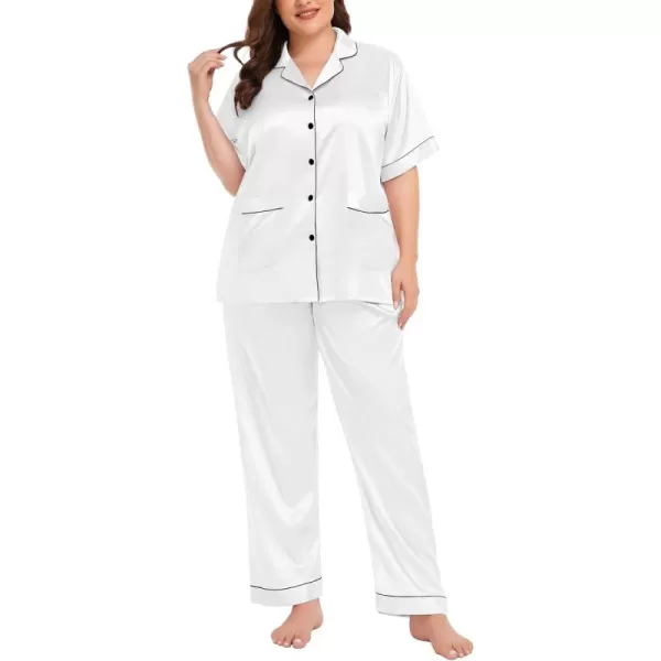 SWOMOG Womens Plus Size Pajamas Silk Satin Pajama Set Short Sleeve Shirt with FullLength Pants Pjs Sleepwear Set 18W26WTwo Pocketssnowwhite