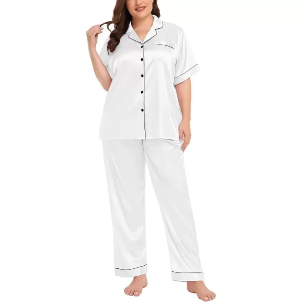 SWOMOG Womens Plus Size Pajamas Silk Satin Pajama Set Short Sleeve Shirt with FullLength Pants Pjs Sleepwear Set 18W26WWhite