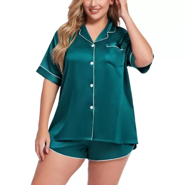 SWOMOG Womens Plus Size Satin Pajama Set Short Sleeve 2 piece Pj Sets Sleepwear Silk Button Down Loungewear Pjs Shorts SetGreen