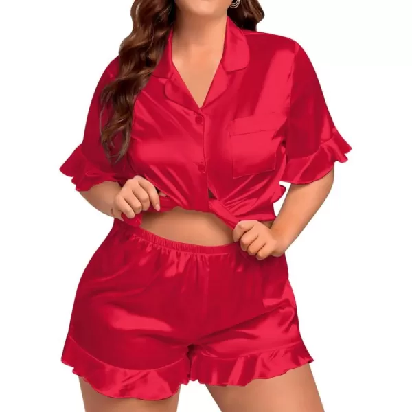 SWOMOG Womens Satin Plus Size Pajamas Silk Short Sleeve Pjs Sets Ruffle Shorts 2 Piece Loose Outfit Sleepwear with PocketDeepred