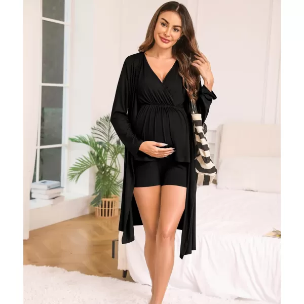 SWOMOG Maternity Nursing Robe Set 3 Piece Pregnancy Pjs 3 in 1 Labor Delivery Sleevless TopsShorts Breastfeeding PajamasBlack