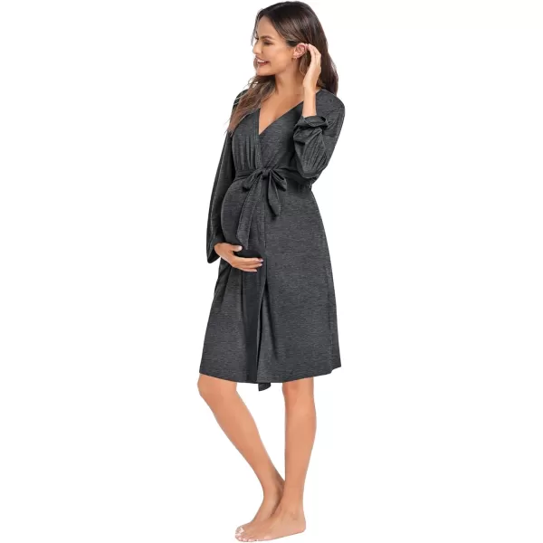 SWOMOG Maternity Nursing Robe Set 3 Piece Pregnancy Pjs 3 in 1 Labor Delivery Sleevless TopsShorts Breastfeeding PajamasDark Grey