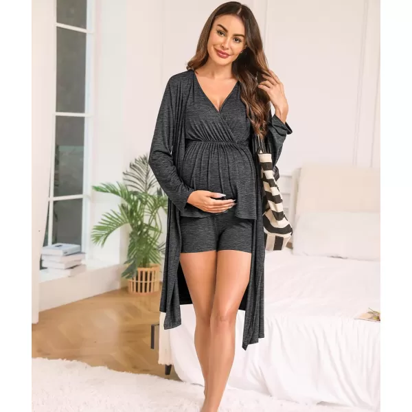 SWOMOG Maternity Nursing Robe Set 3 Piece Pregnancy Pjs 3 in 1 Labor Delivery Sleevless TopsShorts Breastfeeding PajamasDark Grey