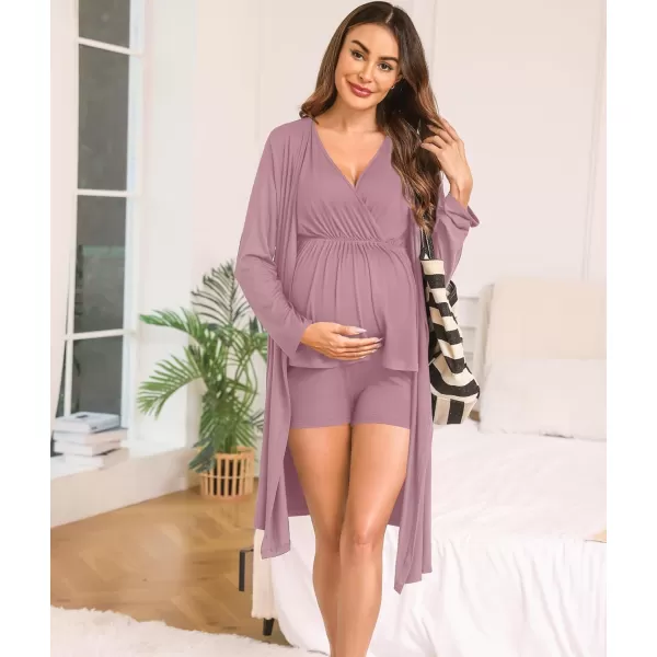 SWOMOG Maternity Nursing Robe Set 3 Piece Pregnancy Pjs 3 in 1 Labor Delivery Sleevless TopsShorts Breastfeeding PajamasTaro Purple