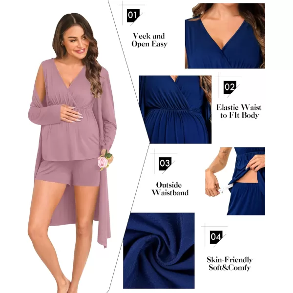 SWOMOG Maternity Nursing Robe Set 3 Piece Pregnancy Pjs 3 in 1 Labor Delivery Sleevless TopsShorts Breastfeeding PajamasTaro Purple